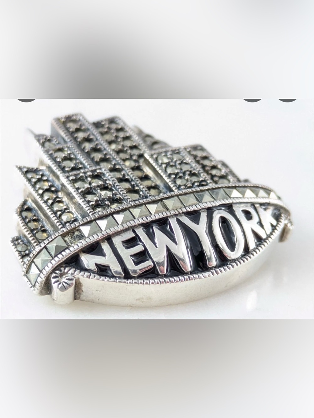 Judith Jack Silver-Tone 'NEW YORK' Marcasite Badge Pin